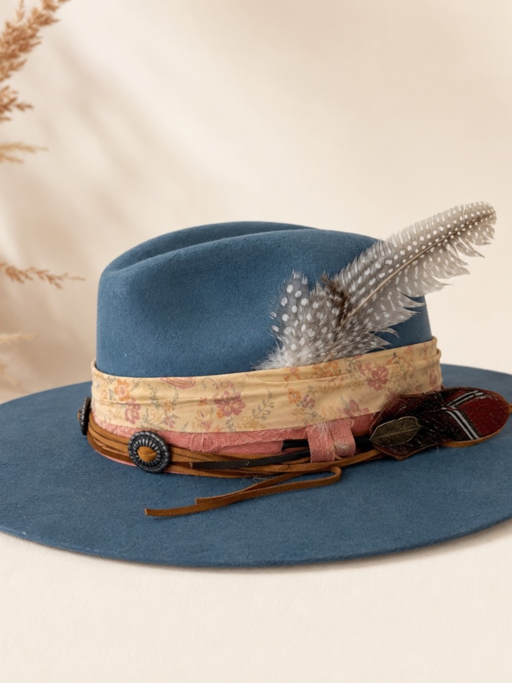Stampede Hats Blue Wool Felt Fedora Small Custom Decorated Boho Western